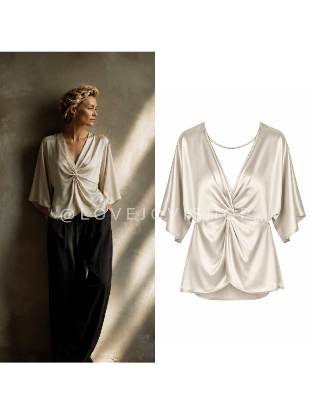 Feminine | Anthropologie Pleione Satin Twist Front V Neck Blouse Champagne | L